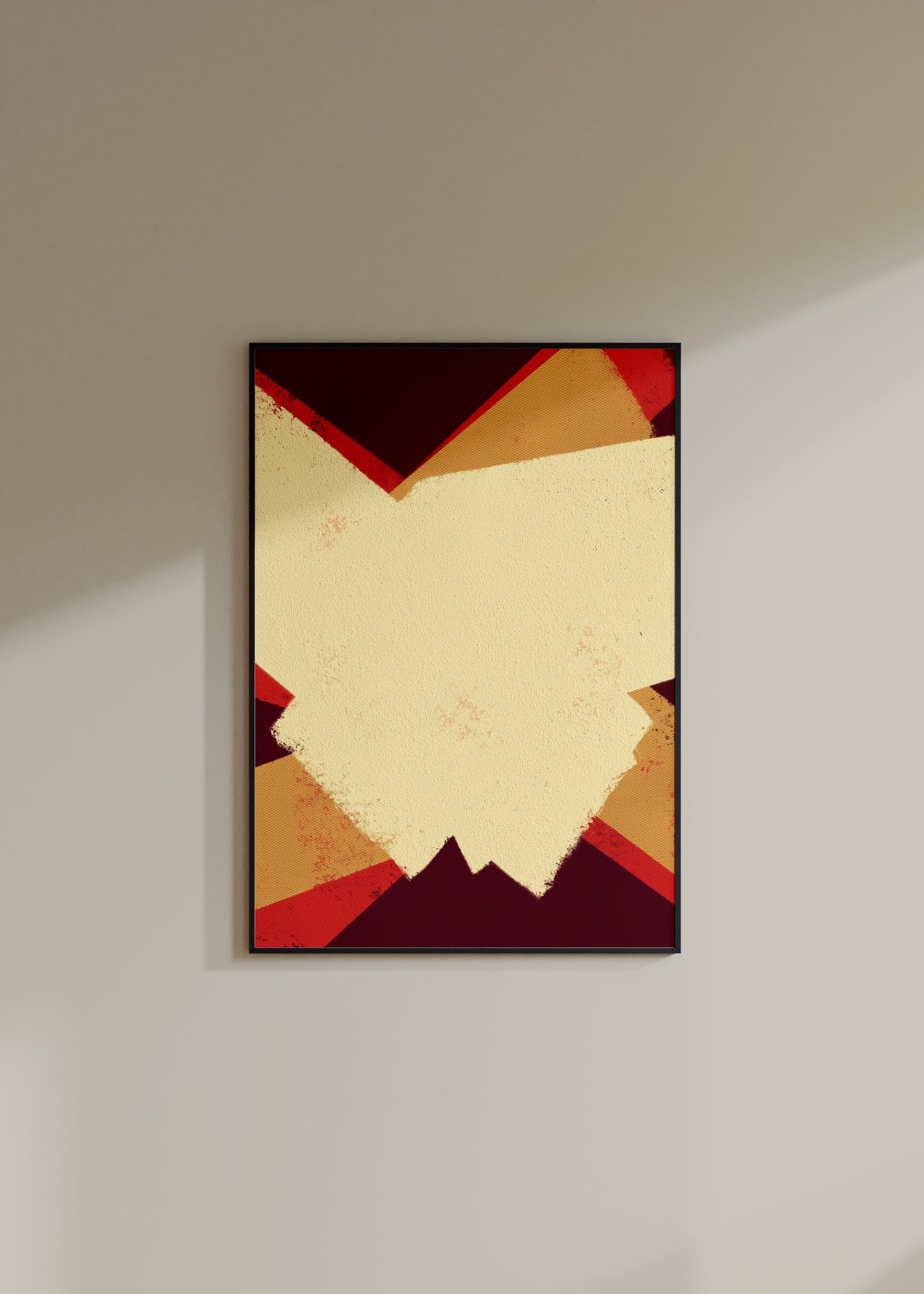 Bold#5 framed print on fgrey wall. Colorful digital modern art print that uses expressive strokes and vibrant colors to create a playful and modern minimalist composition for your interior design and home wall decor projects.  Colors: burgundy, beige, raspberry, cream Available in sizes (inches): Available in sizes (inches): 8x10, 12x16, 16x20, 18x24, 20x28, 24x32, A1, 24x36, 30x40