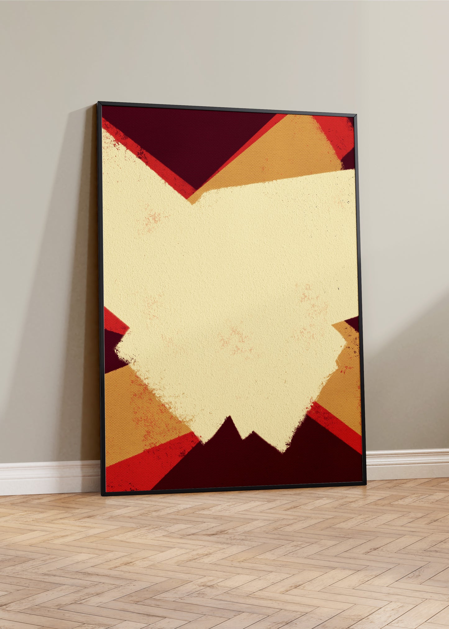 Bold#5 print on floor. in black frame. Colorful digital modern art print that uses expressive strokes and vibrant colors to create a playful and modern minimalist composition for your interior design and home wall decor projects.  Colors: burgundy, beige, raspberry, cream Available in sizes (inches): Available in sizes (inches): 8x10, 12x16, 16x20, 18x24, 20x28, 24x32, A1, 24x36, 30x40