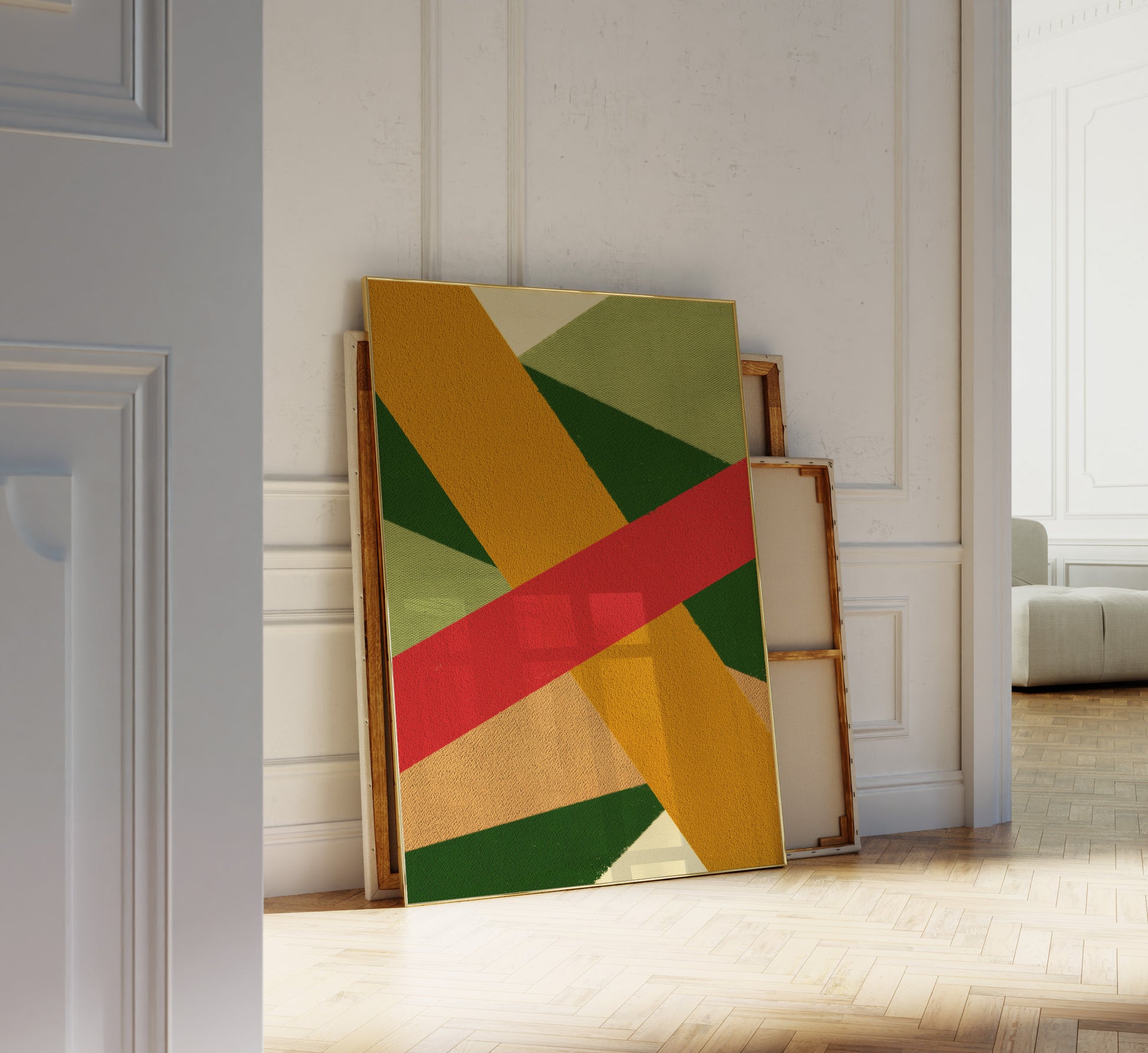 Colorful digital modern art print uses bold stripes of colour to inspire a sense of movement and energy for your interior design and home wall decor projects.  Colors: green, ochre, raspberry, light terracotta, beige Available in sizes (inches): 8x10, 11x14, 12x16, 16x20, 18x24, A3, A2, A1, 24x36, 28x40